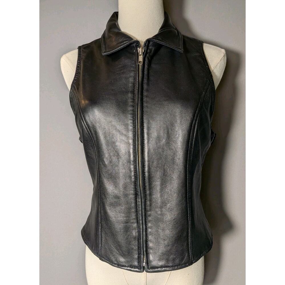 Black Leather M Zip Front Collared Vest Biker Moto Y2K Top